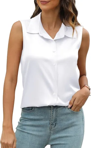 Mawor Womens Silk Satin Sleeveless Button Down Shirts Blouses Solid Casual Loose V Neck Classic Tank Tops for Work Office
