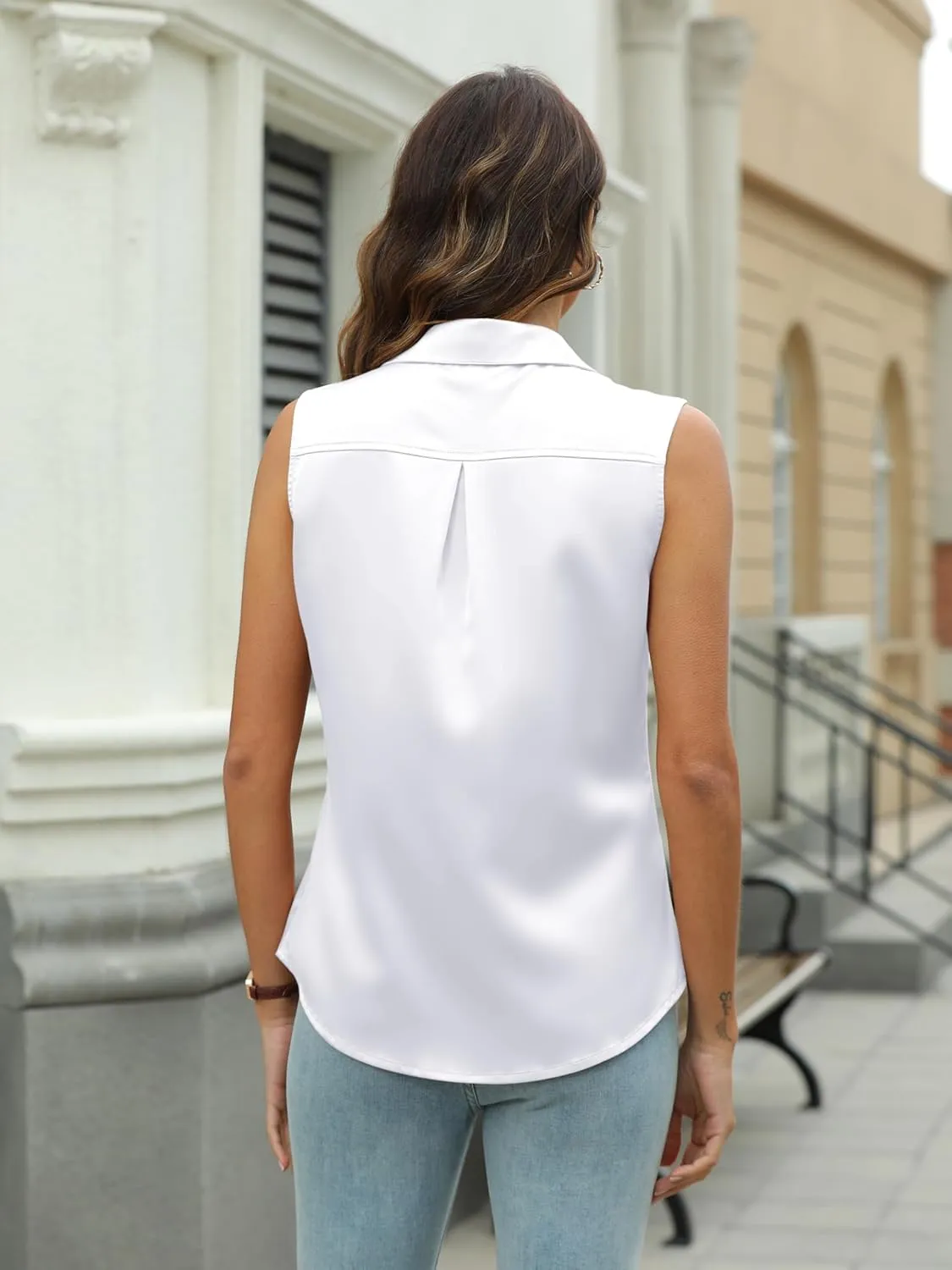 Mawor Womens Silk Satin Sleeveless Button Down Shirts Blouses Solid Casual Loose V Neck Classic Tank Tops for Work Office