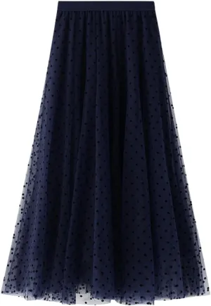 Maxi Skirt Women's A-Line Fairy Elastic Waist Midi Skirt Under Skirts Shorts for Women Flocked Polka Dot Mesh Skirt