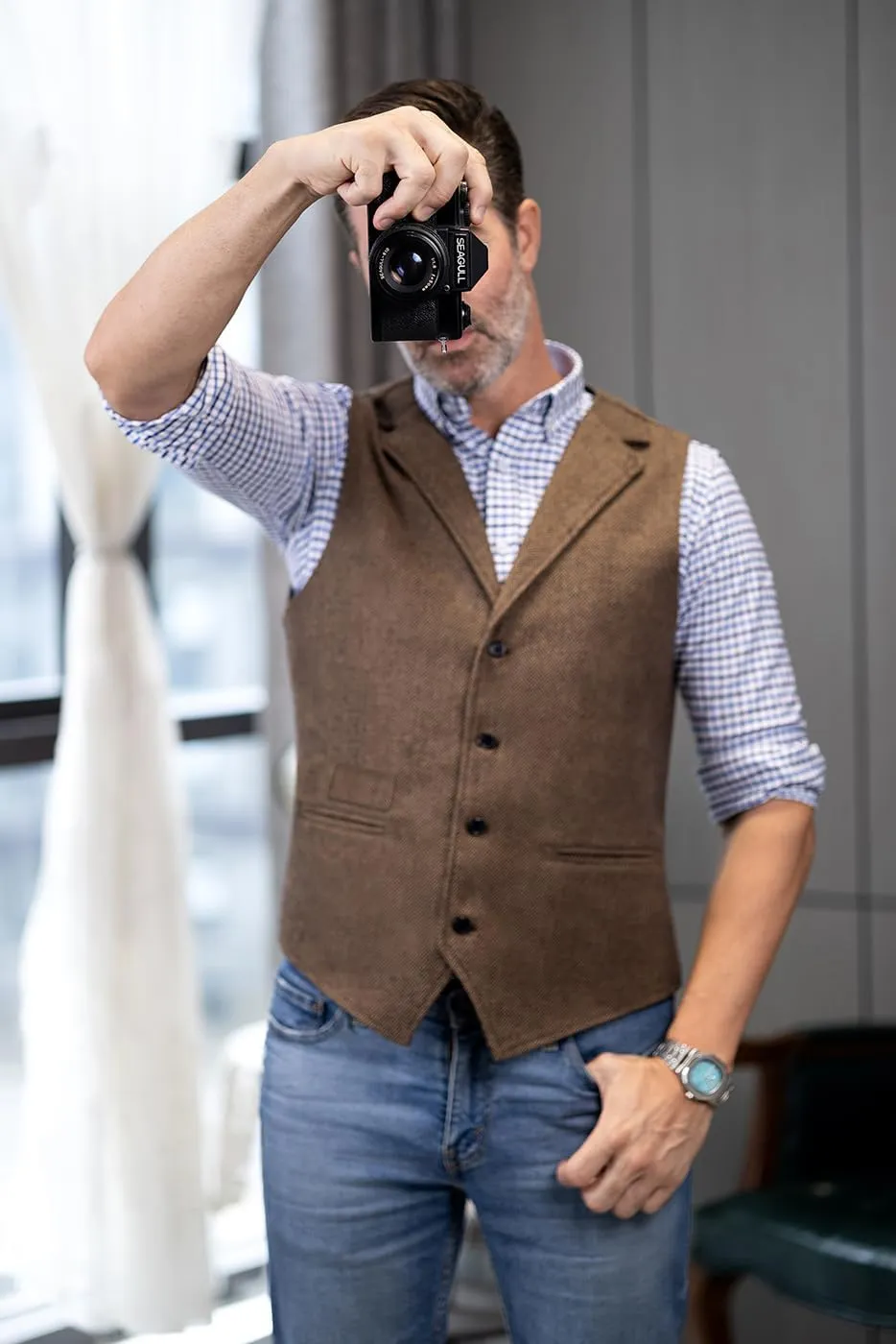 Mens Classic Henringbone Pattern Suit Vest Notch Lapel Slim Fit Waistcoat for Wedding Groomsmen