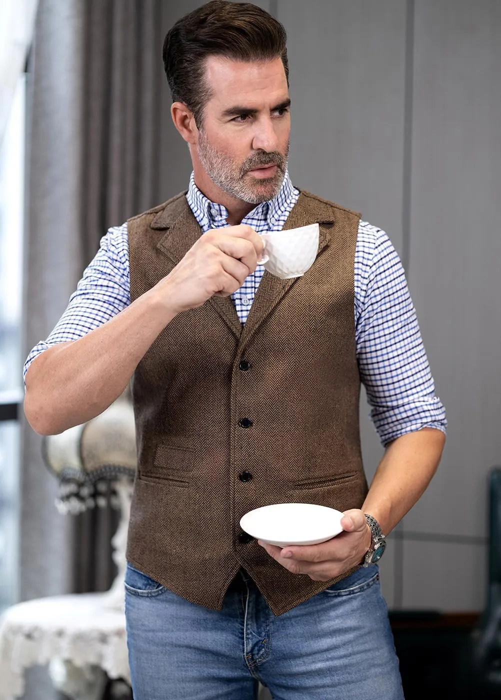 Mens Classic Henringbone Pattern Suit Vest Notch Lapel Slim Fit Waistcoat for Wedding Groomsmen