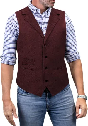 Mens Classic Henringbone Pattern Suit Vest Notch Lapel Slim Fit Waistcoat for Wedding Groomsmen