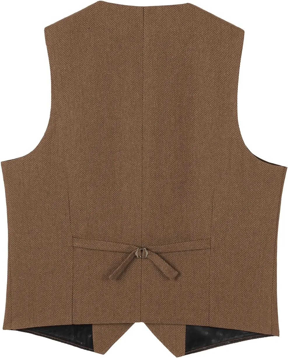 Mens Classic Henringbone Pattern Suit Vest Notch Lapel Slim Fit Waistcoat for Wedding Groomsmen