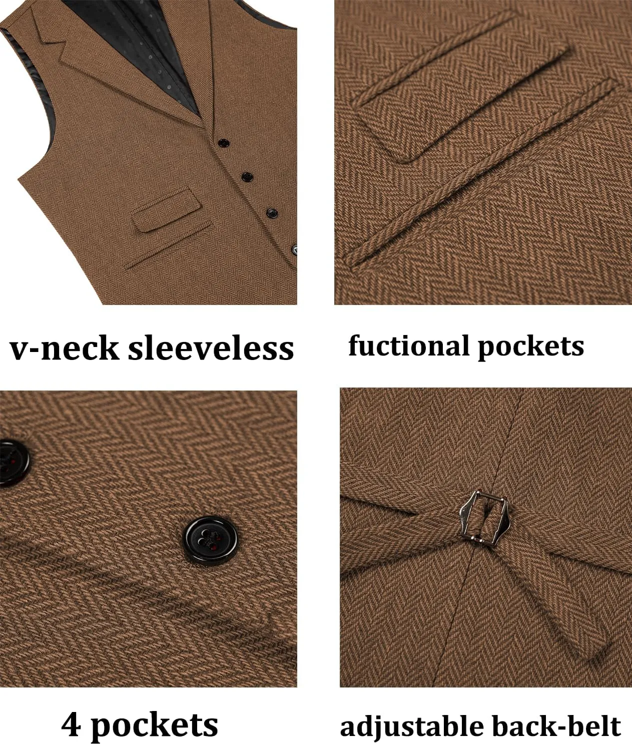 Mens Classic Henringbone Pattern Suit Vest Notch Lapel Slim Fit Waistcoat for Wedding Groomsmen