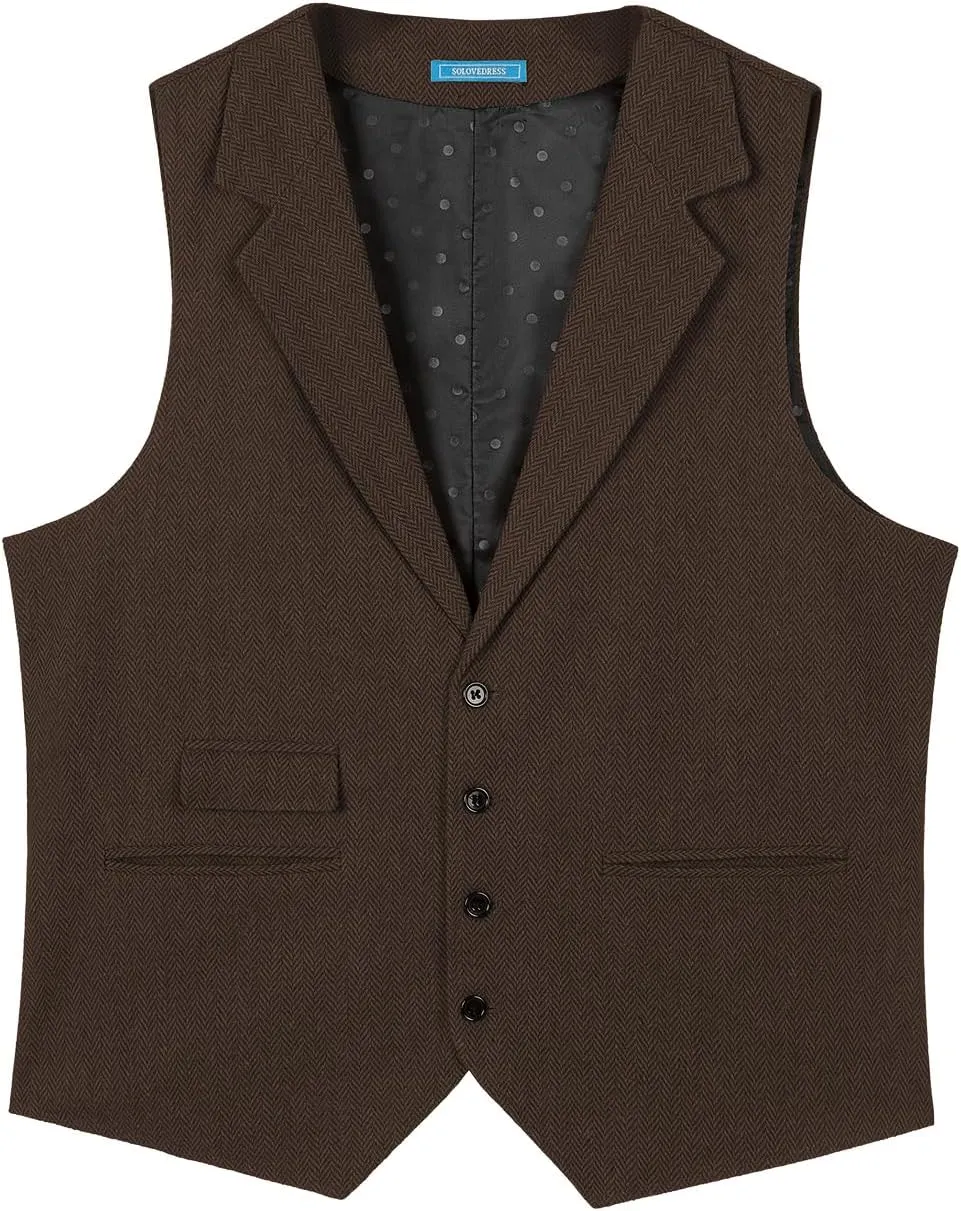 Mens Classic Henringbone Pattern Suit Vest Notch Lapel Slim Fit Waistcoat for Wedding Groomsmen