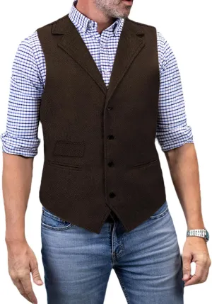 Mens Classic Henringbone Pattern Suit Vest Notch Lapel Slim Fit Waistcoat for Wedding Groomsmen