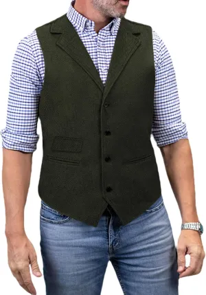Mens Classic Henringbone Pattern Suit Vest Notch Lapel Slim Fit Waistcoat for Wedding Groomsmen