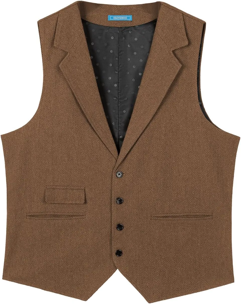 Mens Classic Henringbone Pattern Suit Vest Notch Lapel Slim Fit Waistcoat for Wedding Groomsmen