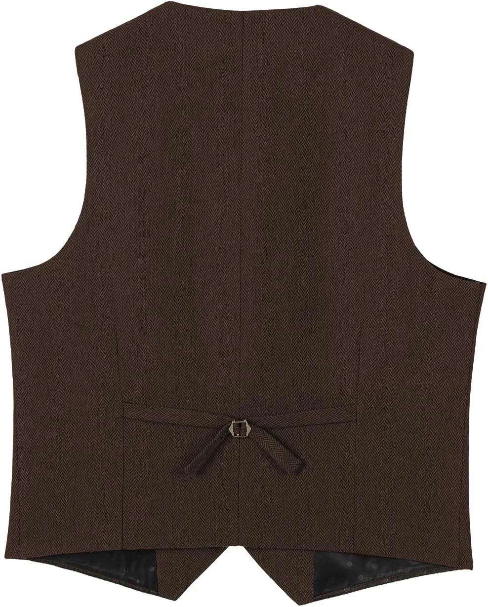 Mens Classic Henringbone Pattern Suit Vest Notch Lapel Slim Fit Waistcoat for Wedding Groomsmen