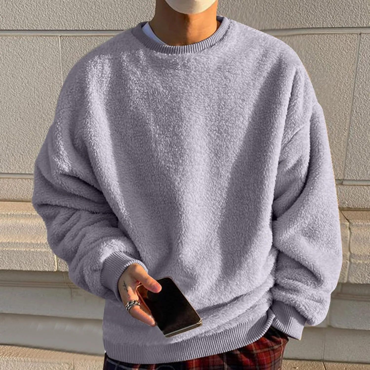 Mens Fuzzy Sherpa Sweatshirt Winter Fall Fleece Pullover Crewneck Solid Color Sweatshirts Loose Fit Plus Size Shirts