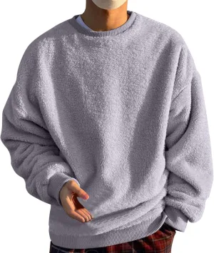 Mens Fuzzy Sherpa Sweatshirt Winter Fall Fleece Pullover Crewneck Solid Color Sweatshirts Loose Fit Plus Size Shirts