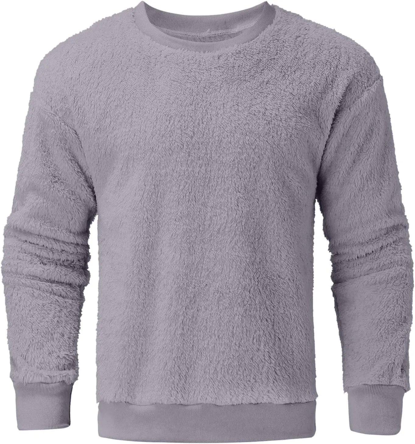 Mens Fuzzy Sherpa Sweatshirt Winter Fall Fleece Pullover Crewneck Solid Color Sweatshirts Loose Fit Plus Size Shirts