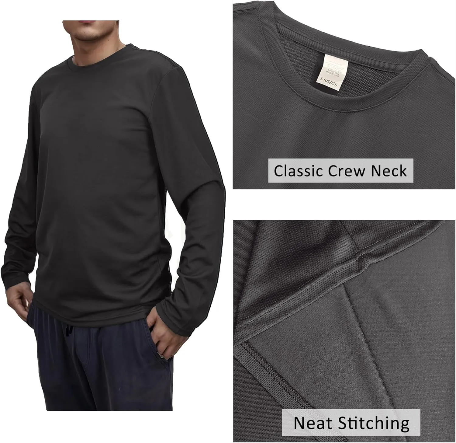 Mens Long Sleeve Quick Dry Workout Athletic T Shirt Running Moisture Wicking Classic Tee Shirts