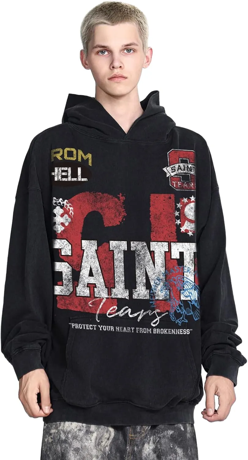 Mens Oversized Hoodies Acid Wash Hoodie Vintage Graphic Sweatshirts Casual Long Sleeves Cotton Hooded