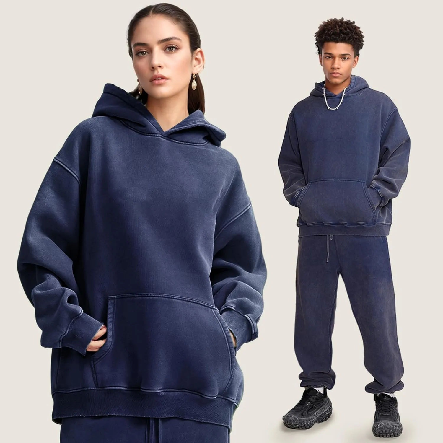 Mens Oversized Hoodies Vintage Cotton Heavyweight Fleece Pullover Baggy Acid Wash Hooded Sweatshirt Unisex Streetwear