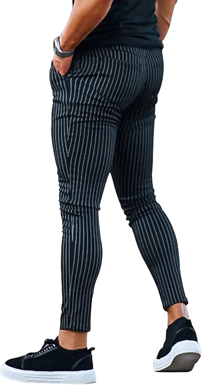 Mens Skinny Business Dress Chinos Pants Slim Fit Stretch Stripe Print Trousers for Men Flat-Front Casual Slacks for Men