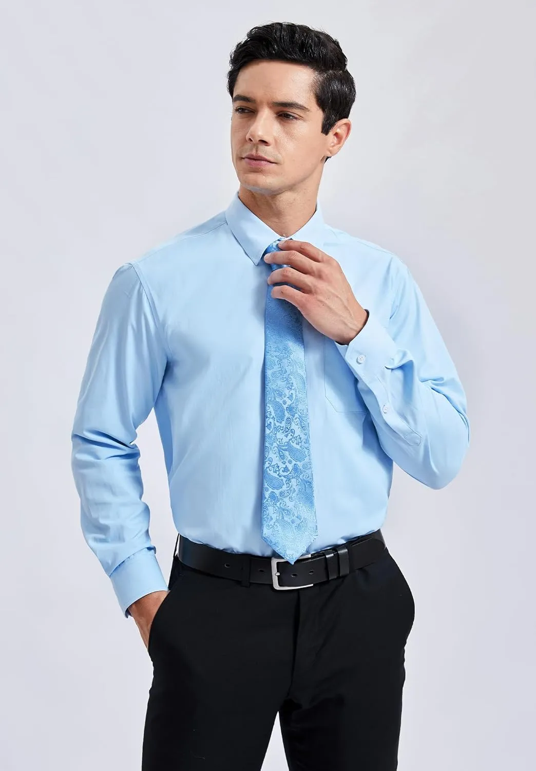 Men's Solid Long Sleeve Dress Shirt with Matching Tie and Handkerchief Set Classic Button Down Formal Business Shirts