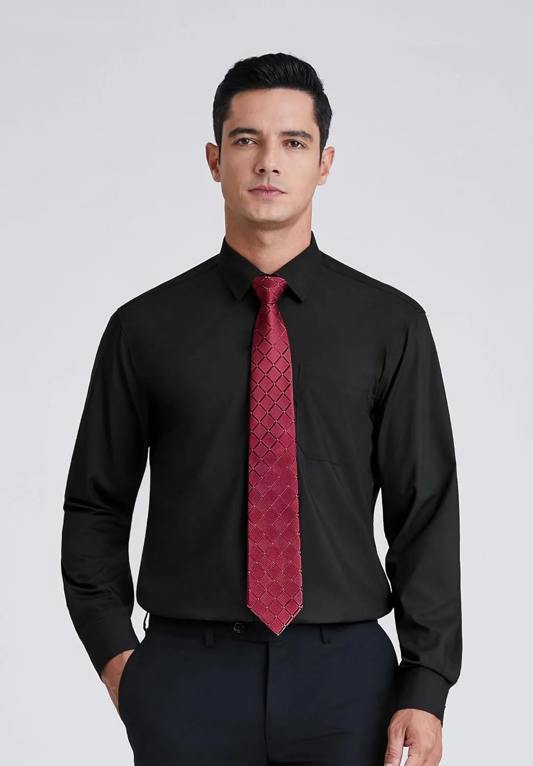 Men's Solid Long Sleeve Dress Shirt with Matching Tie and Handkerchief Set Classic Button Down Formal Business Shirts