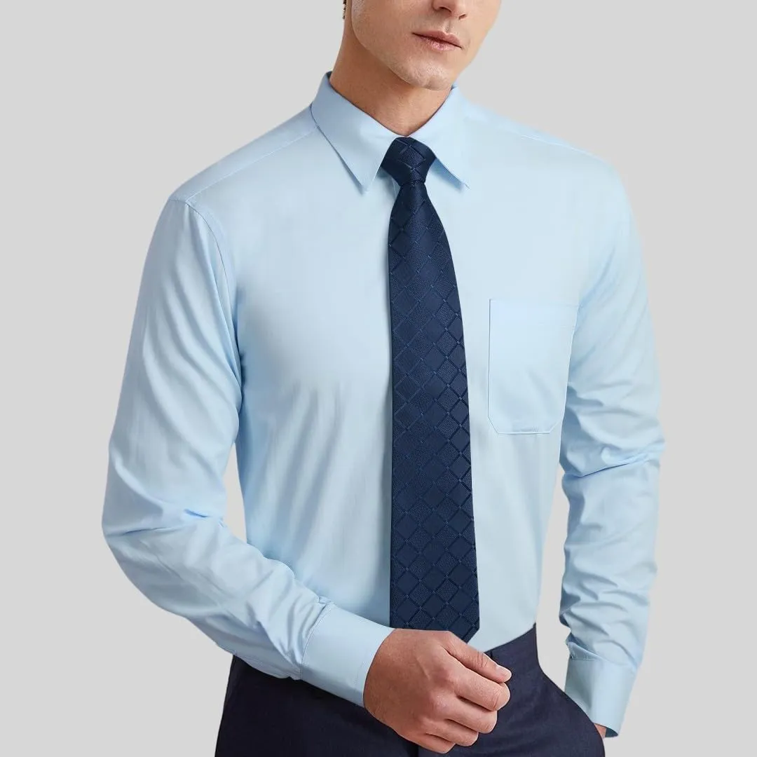 Men's Solid Long Sleeve Dress Shirt with Matching Tie and Handkerchief Set Classic Button Down Formal Business Shirts