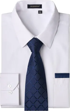 Men's Solid Long Sleeve Dress Shirt with Matching Tie and Handkerchief Set Classic Button Down Formal Business Shirts