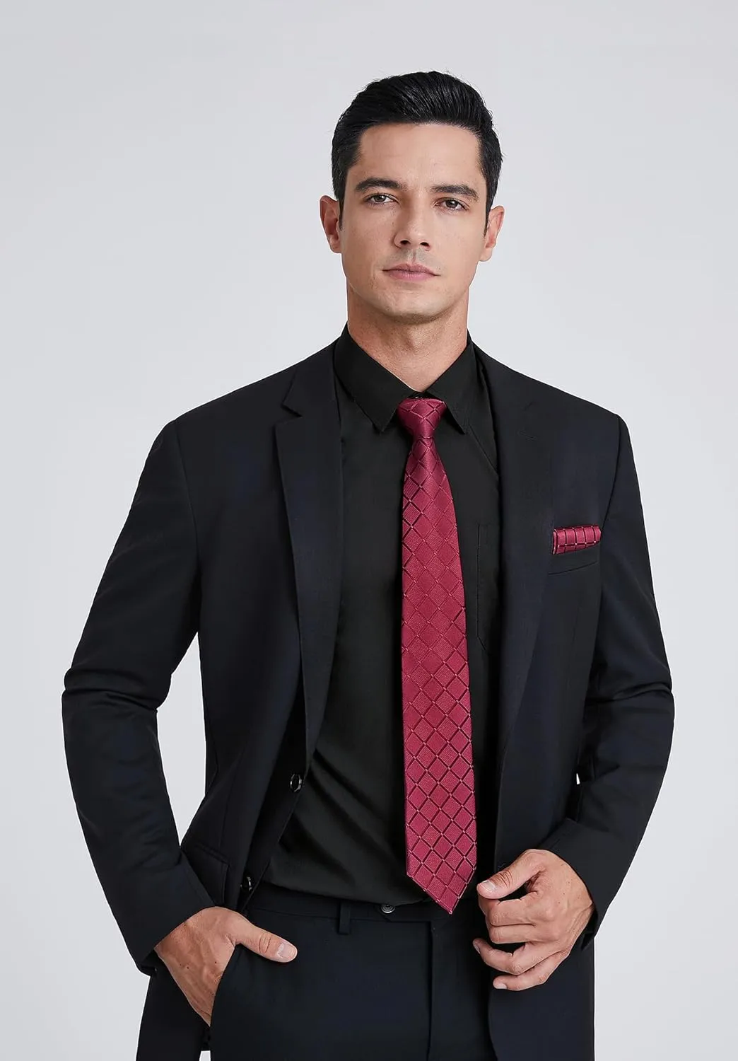 Men's Solid Long Sleeve Dress Shirt with Matching Tie and Handkerchief Set Classic Button Down Formal Business Shirts