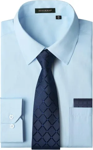 Men's Solid Long Sleeve Dress Shirt with Matching Tie and Handkerchief Set Classic Button Down Formal Business Shirts