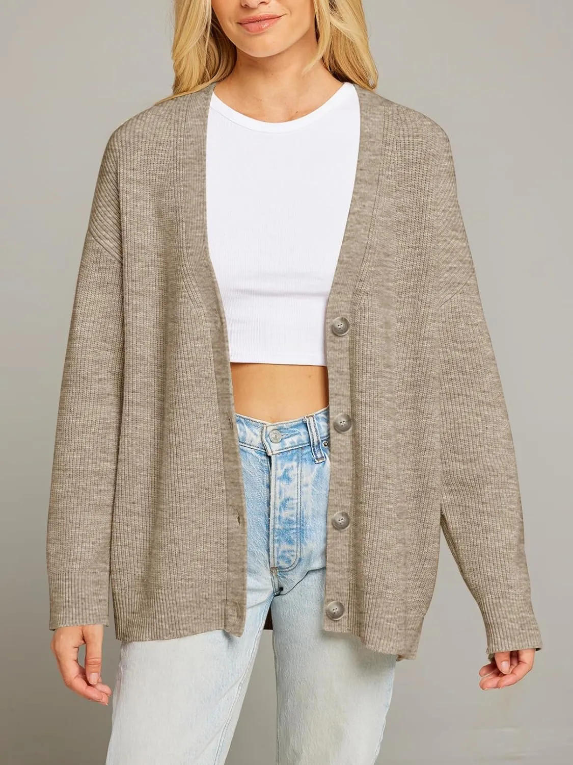 MEROKEETY Women's Cardigan Sweaters 2024 Fall Open Front Oversized Button V Neck Loose Soft Knit Outwear