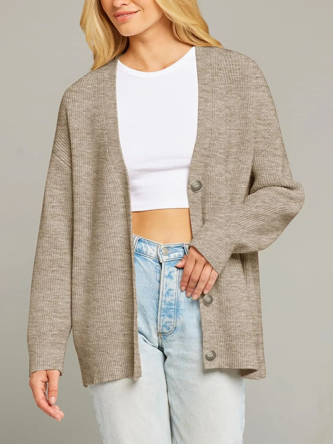 MEROKEETY Women's Cardigan Sweaters 2024 Fall Open Front Oversized Button V Neck Loose Soft Knit Outwear