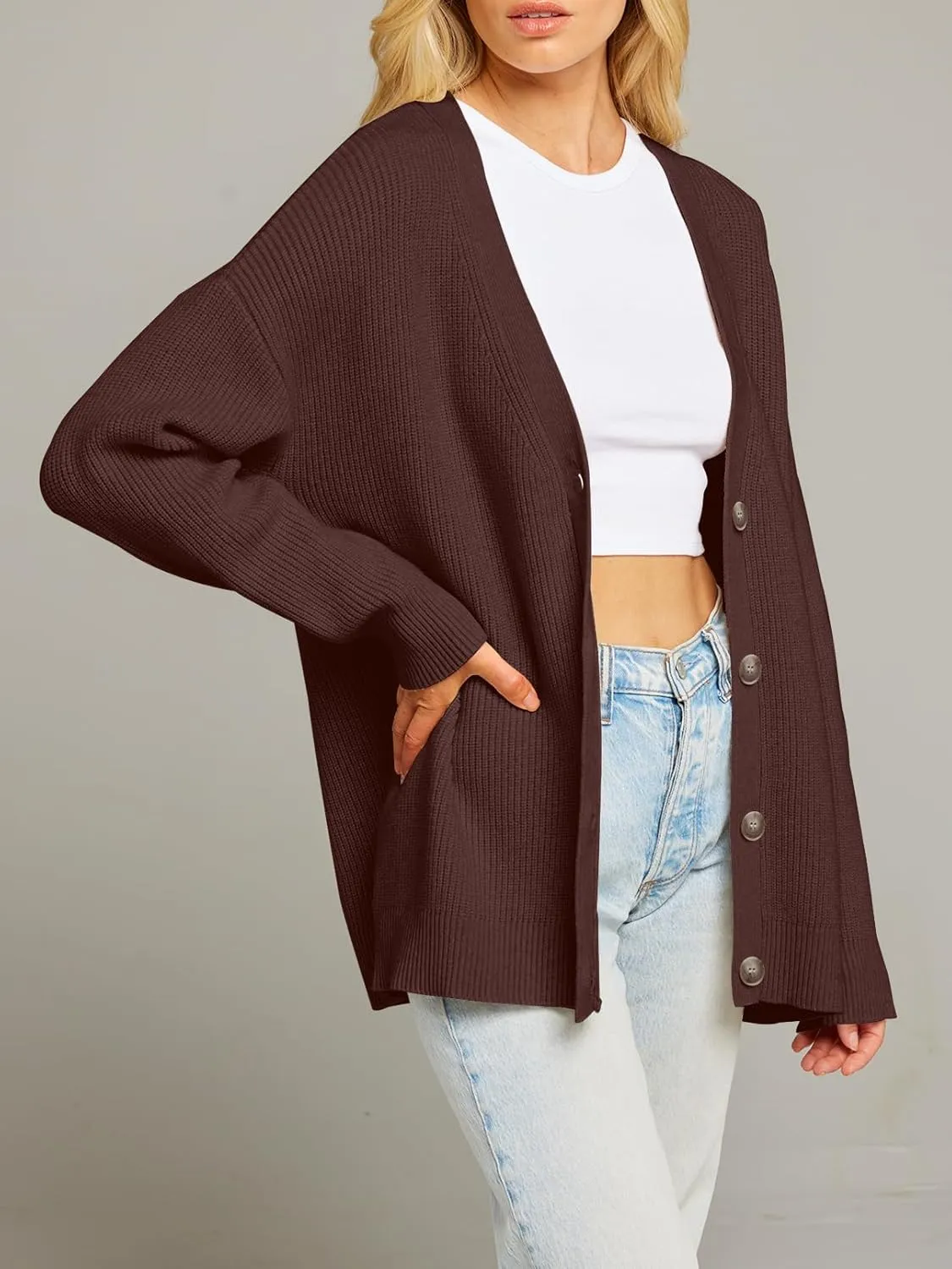 MEROKEETY Women's Cardigan Sweaters 2024 Fall Open Front Oversized Button V Neck Loose Soft Knit Outwear