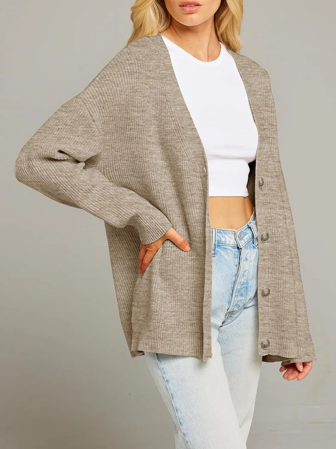 MEROKEETY Women's Cardigan Sweaters 2024 Fall Open Front Oversized Button V Neck Loose Soft Knit Outwear