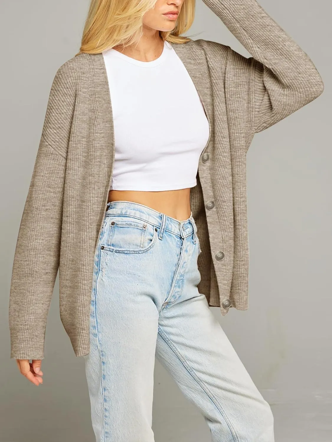 MEROKEETY Women's Cardigan Sweaters 2024 Fall Open Front Oversized Button V Neck Loose Soft Knit Outwear