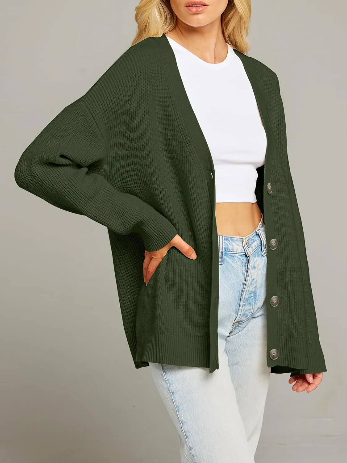 MEROKEETY Women's Cardigan Sweaters 2024 Fall Open Front Oversized Button V Neck Loose Soft Knit Outwear