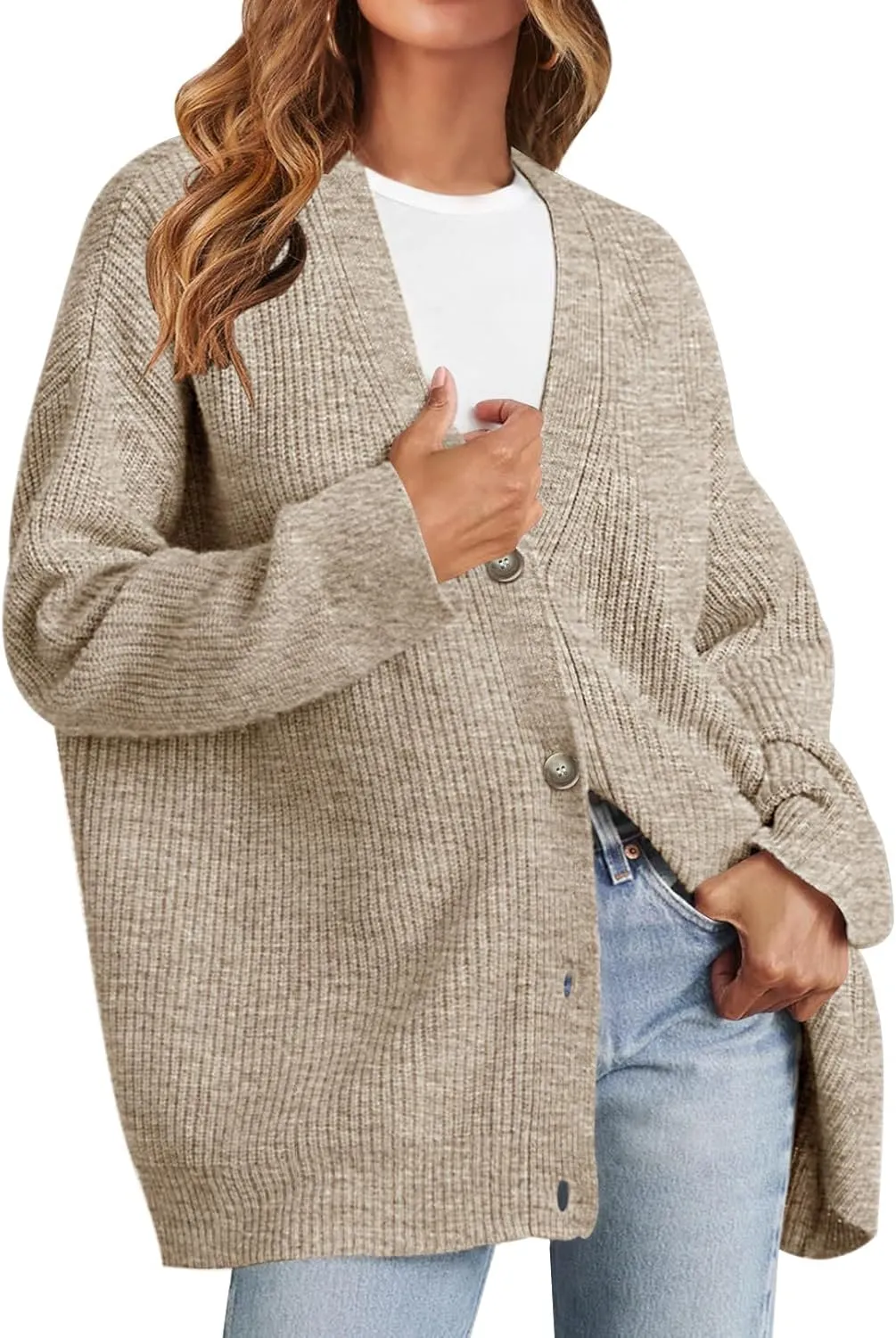 MEROKEETY Women's Cardigan Sweaters 2024 Fall Open Front Oversized Button V Neck Loose Soft Knit Outwear