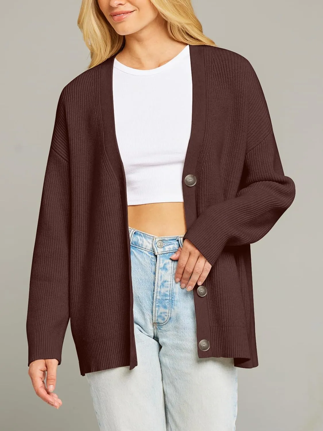 MEROKEETY Women's Cardigan Sweaters 2024 Fall Open Front Oversized Button V Neck Loose Soft Knit Outwear