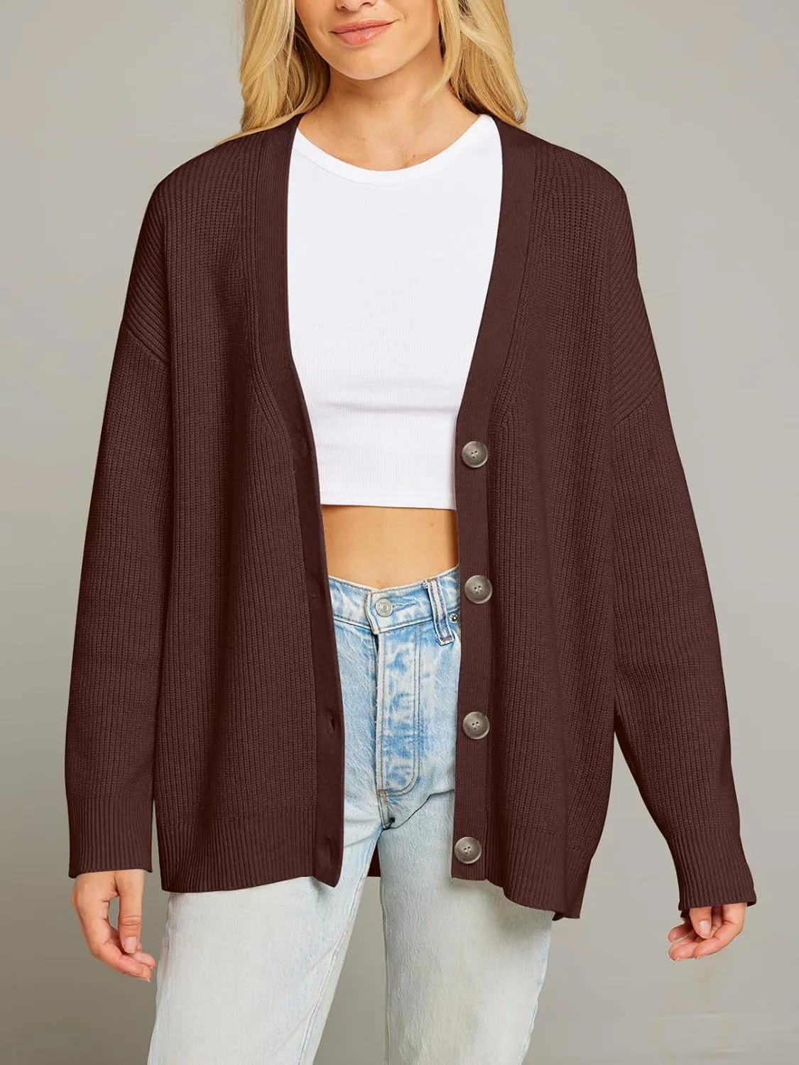 MEROKEETY Women's Cardigan Sweaters 2024 Fall Open Front Oversized Button V Neck Loose Soft Knit Outwear