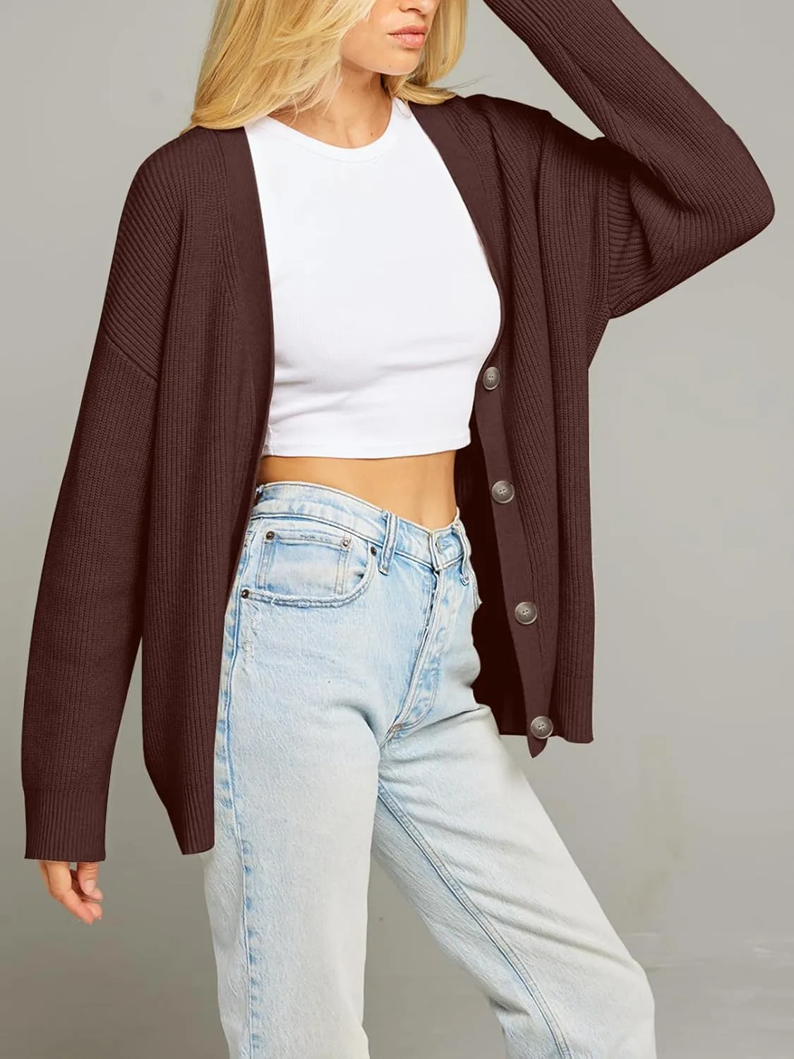 MEROKEETY Women's Cardigan Sweaters 2024 Fall Open Front Oversized Button V Neck Loose Soft Knit Outwear