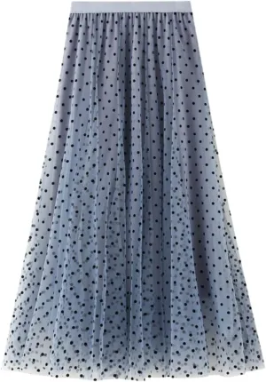 Midi Skirts for Women Women's Flocked Polka Dot Mesh Skirt A Line Mermaidtail Skirt Midi Skirt