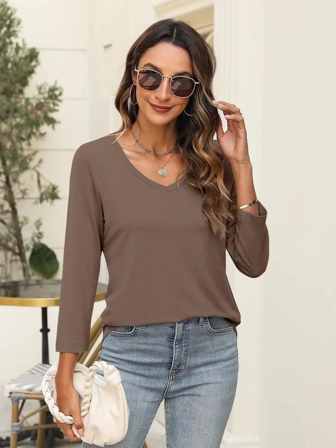 Minetom Women's V Neck 3/4 Sleeve T Shirt Solid/Color Block Casual Basic Tops Summer Tees