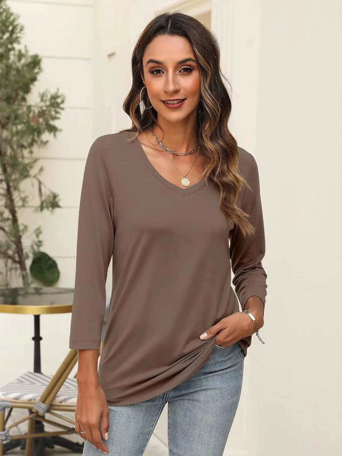 Minetom Women's V Neck 3/4 Sleeve T Shirt Solid/Color Block Casual Basic Tops Summer Tees