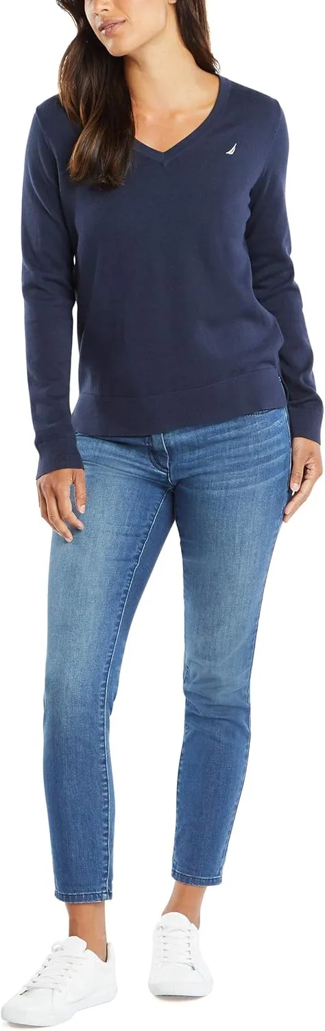 Nautica Women's Effortless J-Class Long Sleeve 100% Cotton V-Neck Sweater