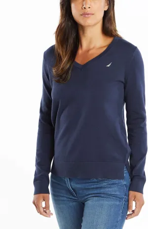 Nautica Women's Effortless J-Class Long Sleeve 100% Cotton V-Neck Sweater