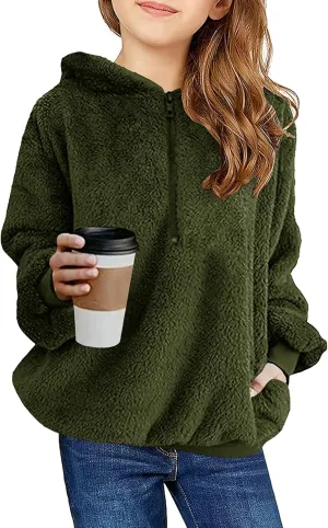 Ofenbuy Kids Girl's Fuzzy Hoodies Zipper Warm Loose Sherpa Hooded Sweatshirt Pullover With Pockets