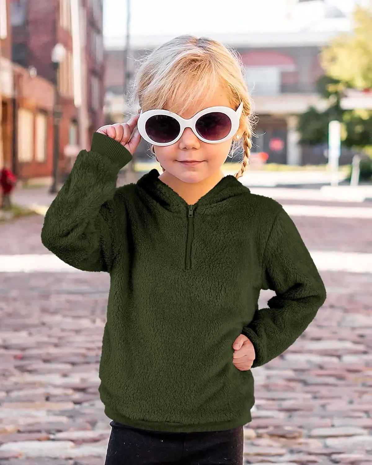 Ofenbuy Kids Girl's Fuzzy Hoodies Zipper Warm Loose Sherpa Hooded Sweatshirt Pullover With Pockets