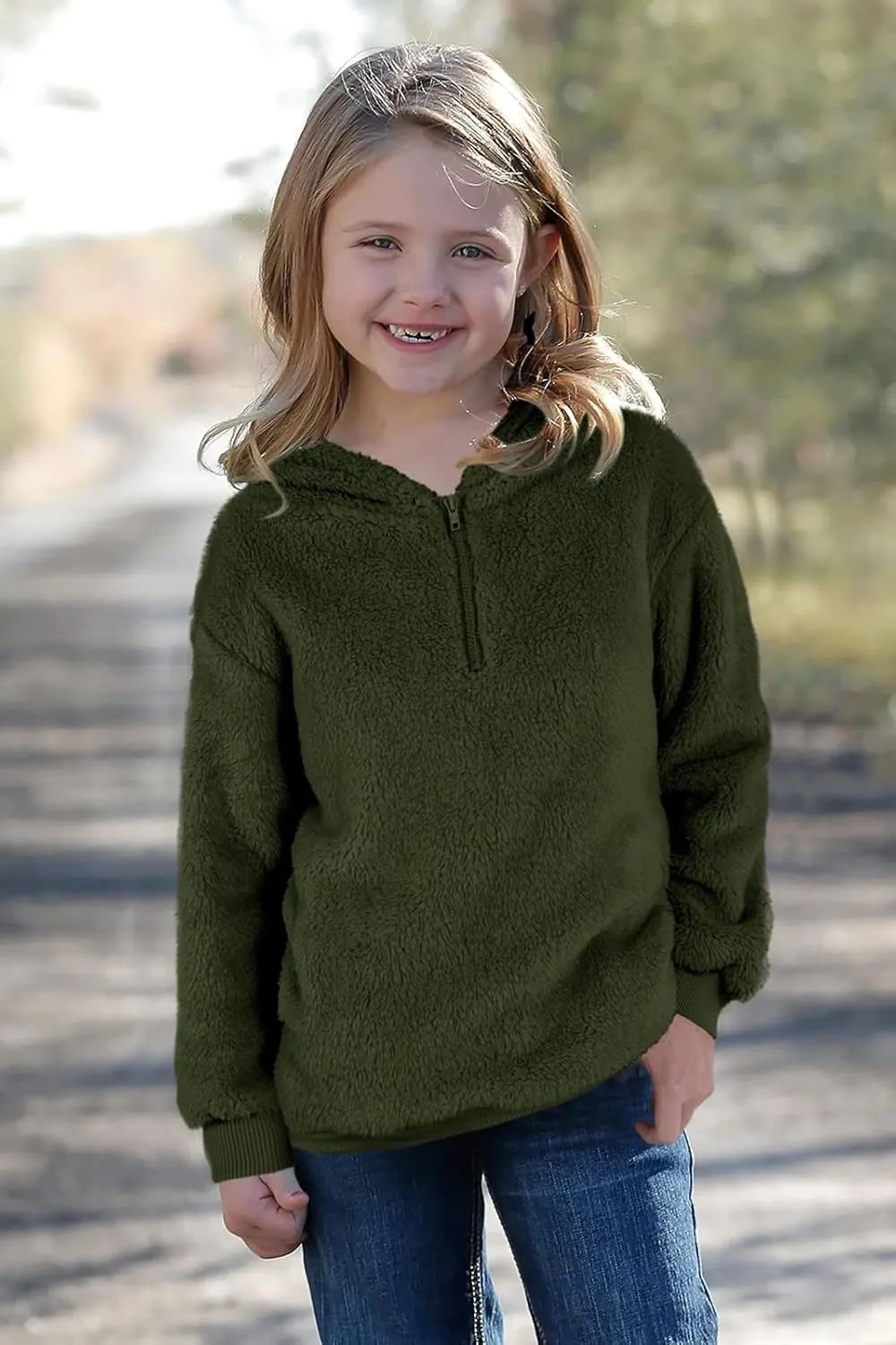 Ofenbuy Kids Girl's Fuzzy Hoodies Zipper Warm Loose Sherpa Hooded Sweatshirt Pullover With Pockets