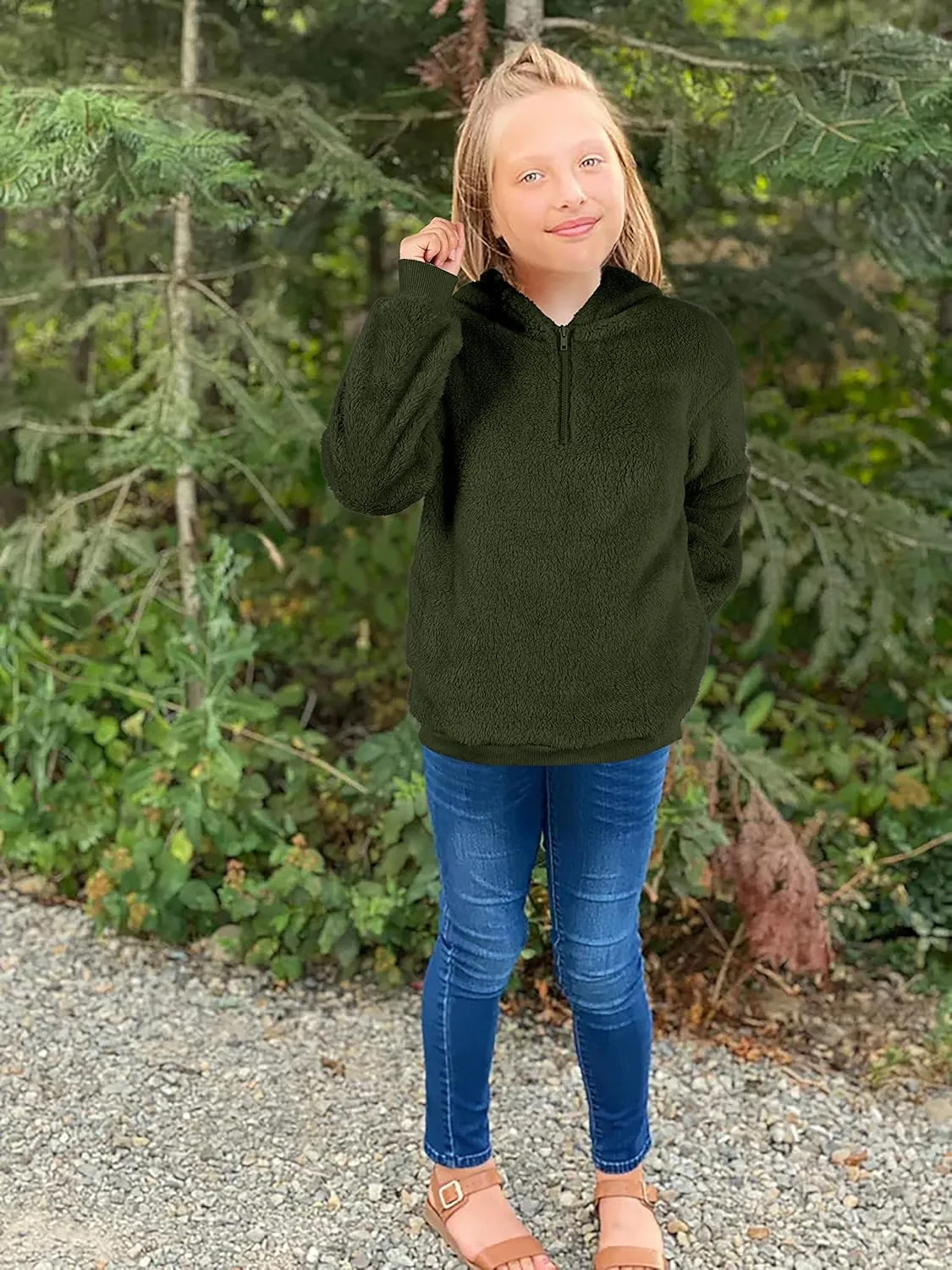 Ofenbuy Kids Girl's Fuzzy Hoodies Zipper Warm Loose Sherpa Hooded Sweatshirt Pullover With Pockets