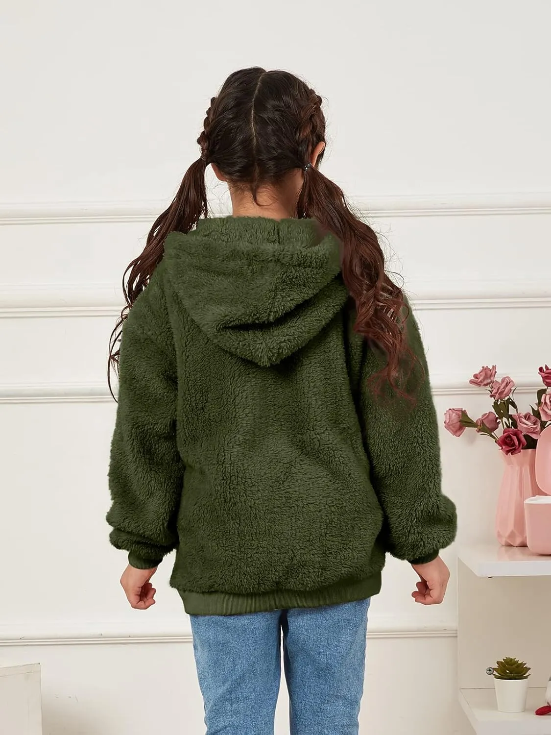 Ofenbuy Kids Girl's Fuzzy Hoodies Zipper Warm Loose Sherpa Hooded Sweatshirt Pullover With Pockets