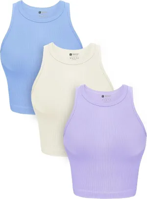 OLCHEE Womens 3 Pack Crop Tank Tops Basic Seamless Ribbed Round High Neck Racerback Workout Top Summer Causal Yoga Gym Shirts
