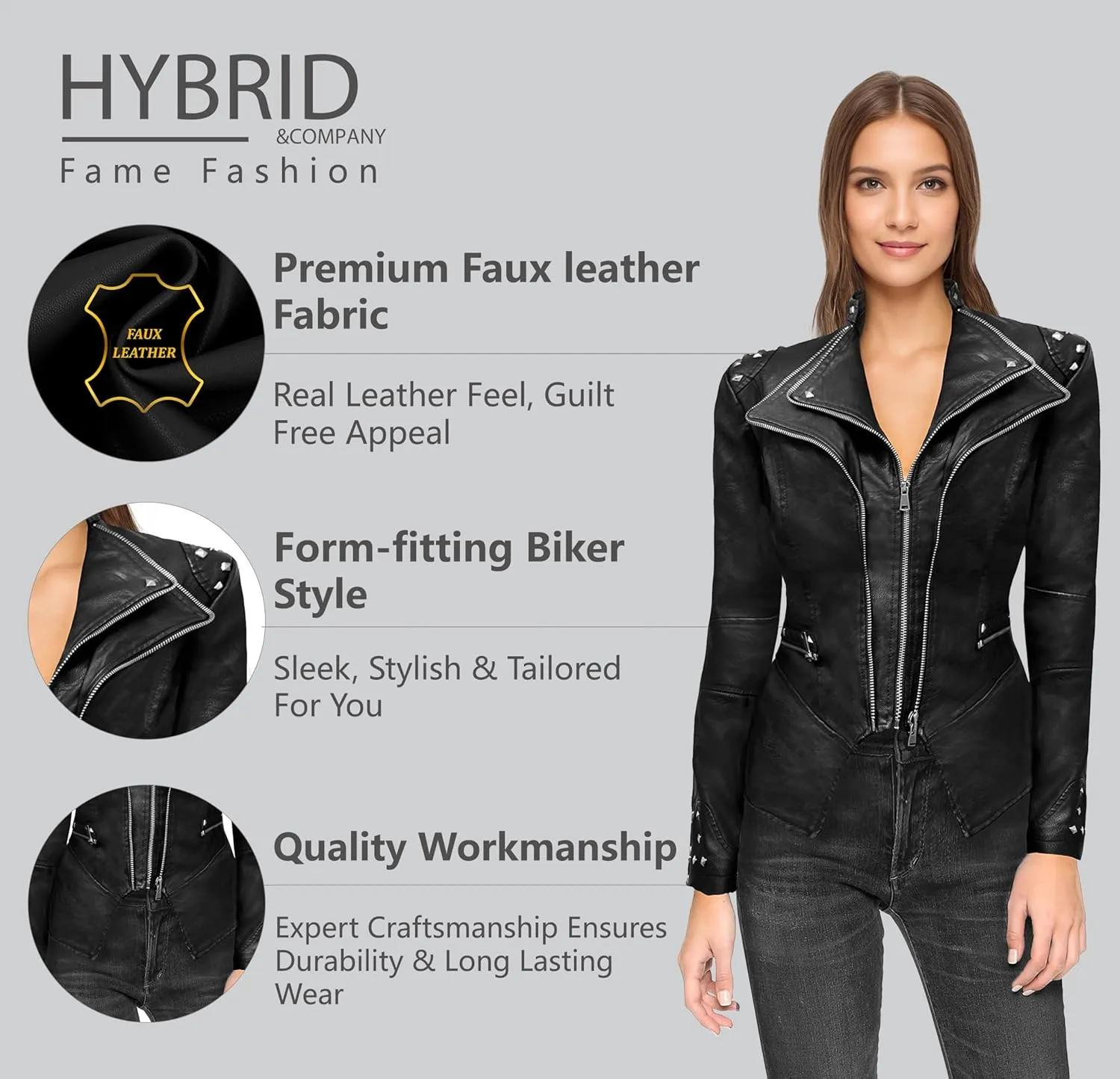 Olivia Miller Women's Fashion Faux Leather Biker Jacket Rivet Lapel Shaping Moto Outerwear