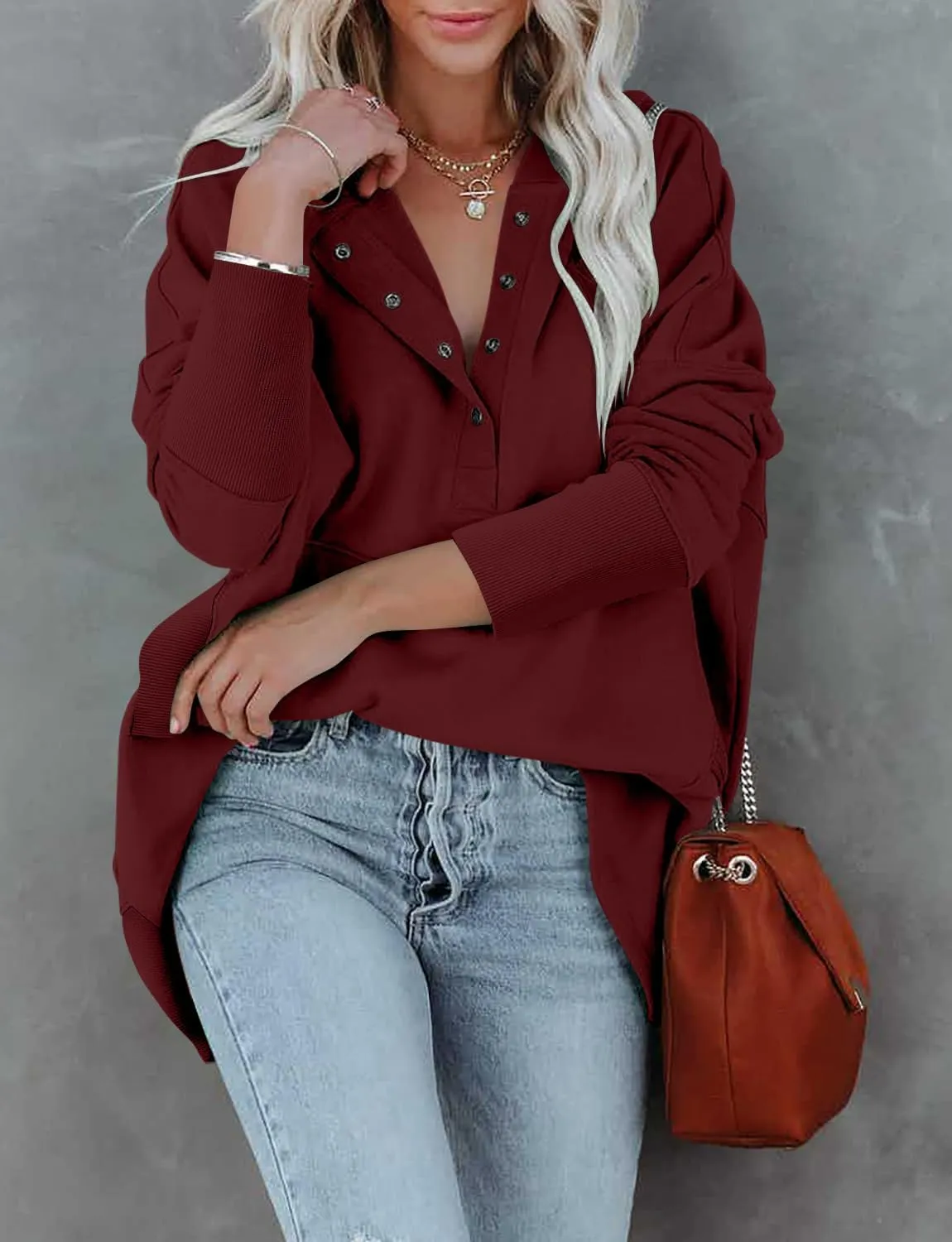 onlypuff Womens Oversized Hoodies and Sweatshirt V Neck Button up Loose Fit Henley Shirt 2022 Fall Fashion