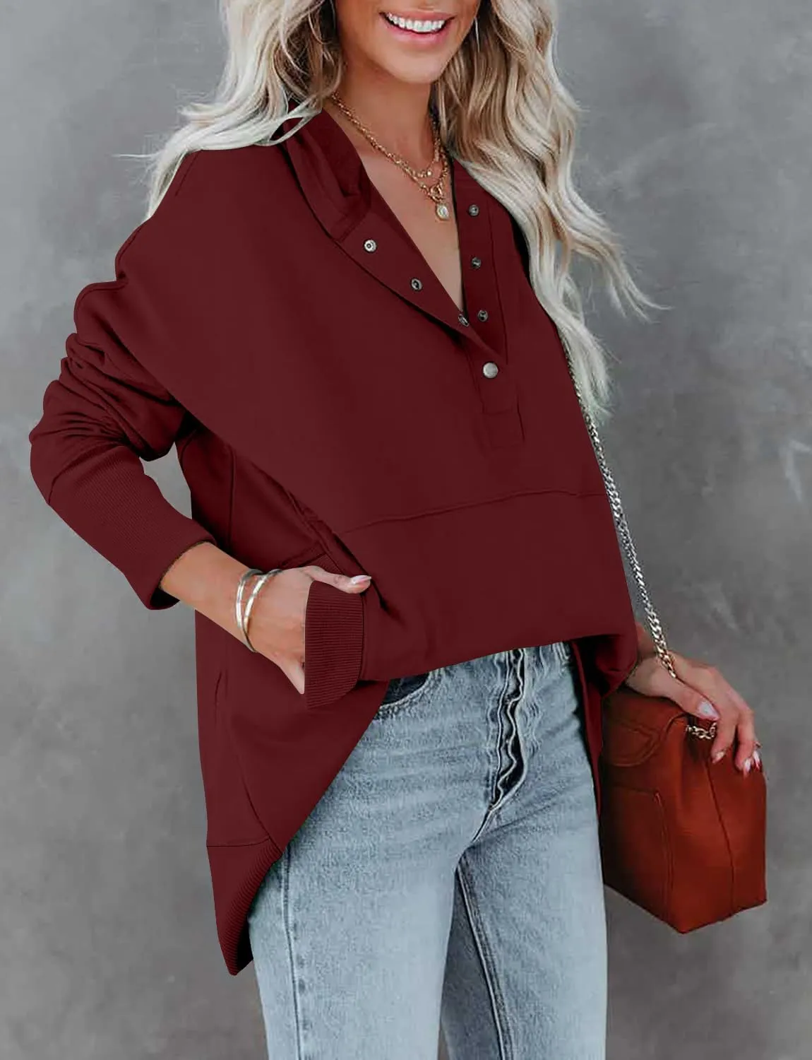 onlypuff Womens Oversized Hoodies and Sweatshirt V Neck Button up Loose Fit Henley Shirt 2022 Fall Fashion